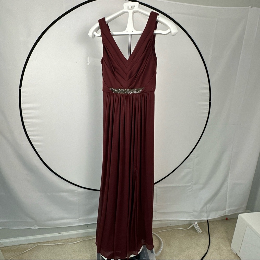 David's Bridal Burgundy Maxi Dress with Embellished Waist